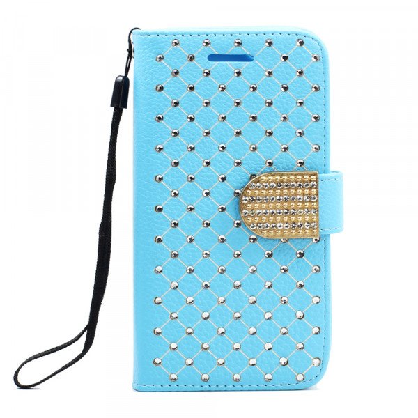 Wholesale Samsung Galaxy S6 Star Diamond Flip Leather Wallet Case with Strap (Blue)